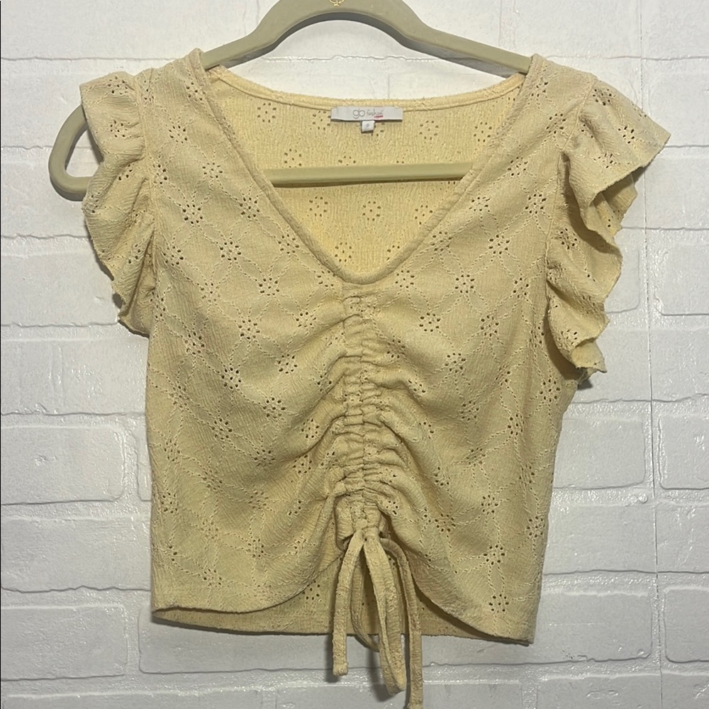 Yellow Flutter Sleeve Ruched Tie Front Blouse